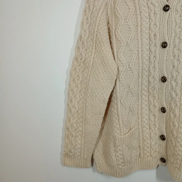Handknit Cardigan Mens Large Cream Wool Button Up Cable Cottagecore Grandpa Core